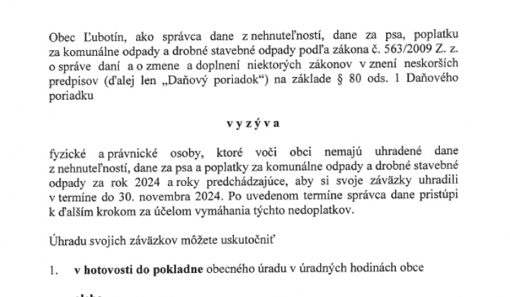 1. fotografia fotogalérie VÝZVA NA ÚHRADU NEDOPLATKOV - foto