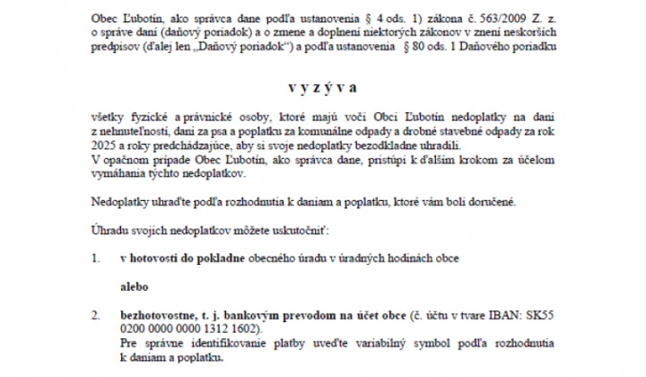 1. fotografia fotogalérie Výzva na úhradu nedoplatkov - foto